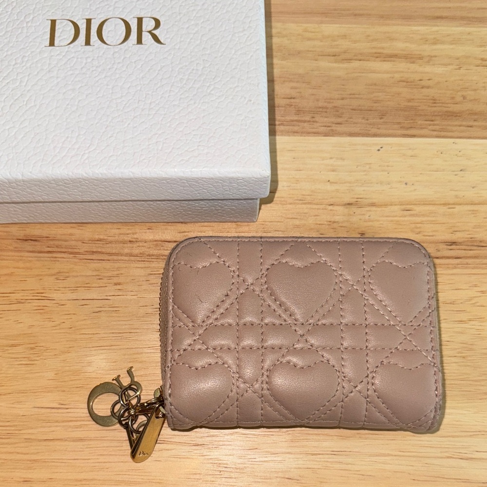 Dior Beige heart cannage Quilted zippy coin card holder compact wallet